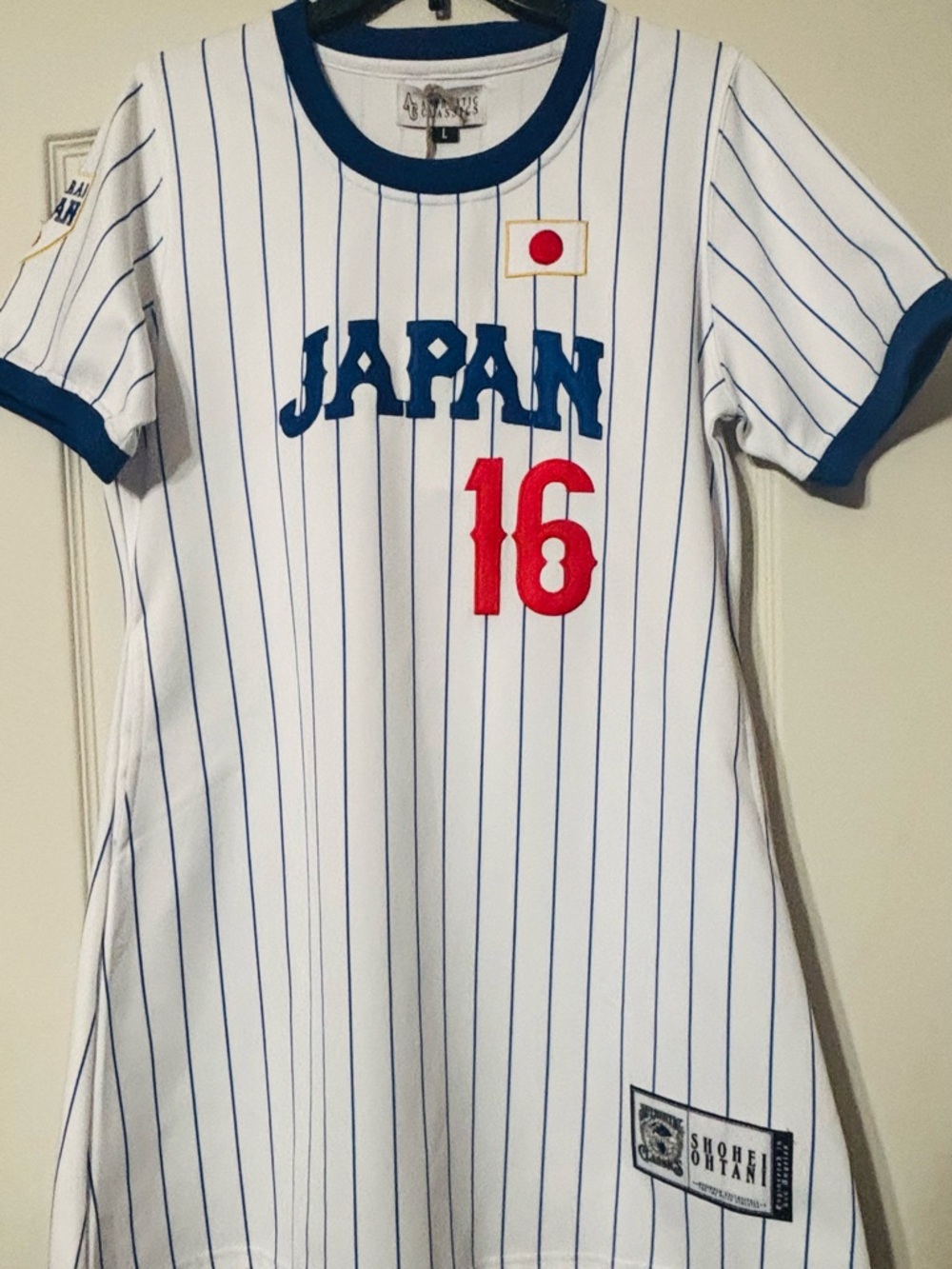 Japan Stripe Ohtani Women’s Baseball Tee Dress with Number 16 - White/Blue/Red